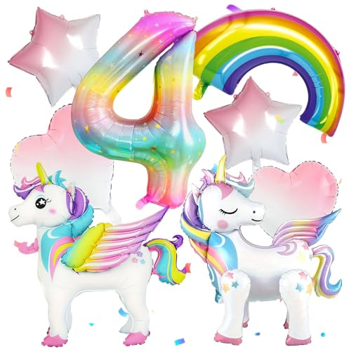 Einhorn 4 Geburtstag Deko,Rosa Luftballon,Einhorn Geburtstagsdeko Mädchen,3D Folienballon,Unicorn Ballon Set mit Regenbogen/Stern/Herz/Zahl für Thema Festival Party