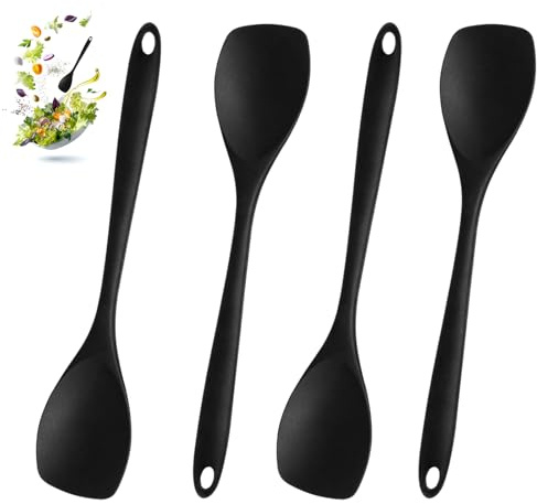 4 Piezas Cuchara Silicona Cocina, 27,5cm Mezcla Antiadherente, Cucharón de Cocina Silicona, Cuchara de Servir, Resistente al Calor Hasta 210°C para Cocinar, Hornear, Remover