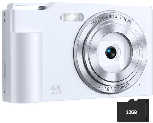 Appareil photo numérique, appareil photo numérique FHD 4K avec zoom 16x, anti-tremblement, petit appareil photo compact 48 MP avec carte de 32 Go pour garçons, filles, enfants, blanc neige