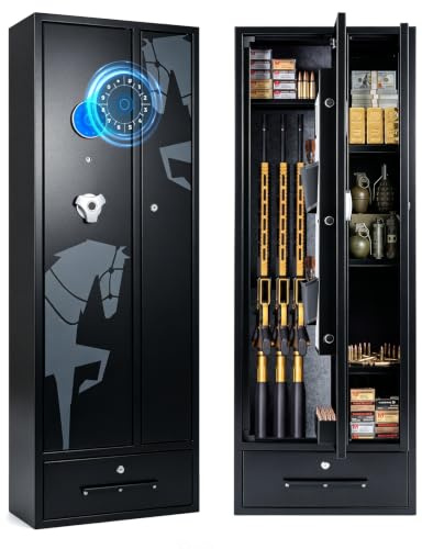 COSTWAY Waffenschrank für 4 Gewehre, Langwaffenschrank aus Stahl | Waffentresor mit Elektronikschloss, Gewehrschrank mit 2 Türen, Schublade & abnehmbarem Regal für Langwaffen, Pistolen