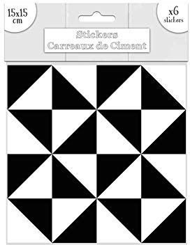 Lot de 6 stickers carreaux de ciment - Noir/Blanc - 15x15cm
