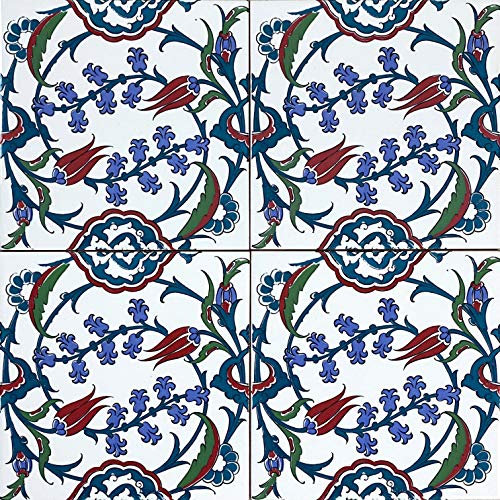 Cerames Pinar - Rivestimenti turchi colorati, 1 confezione - 0,48m2 (12 pezzi), piastrelle in ceramica Iznik con motivo, 20x20, ideali per la cucina o il bagno.