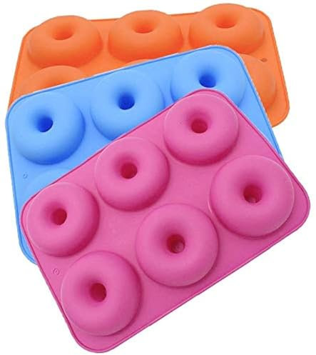 Sinzau 3-Pack Silikon Donut Formen, 6 Hohlraum Antihaft-Safe Backblech Maker Pan Hitzebeständigkeit für Kuchen Keks Bagels Muffins (Rot Orange Blau)