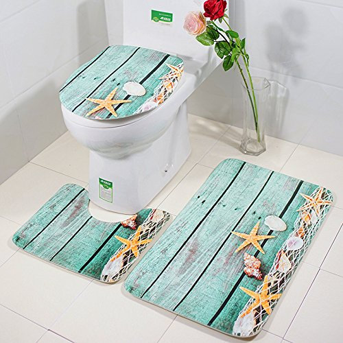 Happy Go-Mart 3pcs/set Bathroom Non-Slip Ocean Style Pedestal Rug + Lid Toilet Cover + Bath Mat (1)