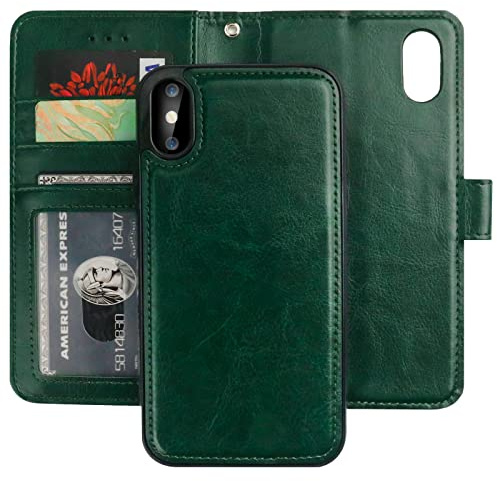 Bocasal for iPhone Xs Max Wallet Case with Card Holder PU Leather Magnetic Detachable Kickstand Shockproof Wrist Strap Removable Flip Cover for iPhone Xs Max 6.5 inch (Green)
