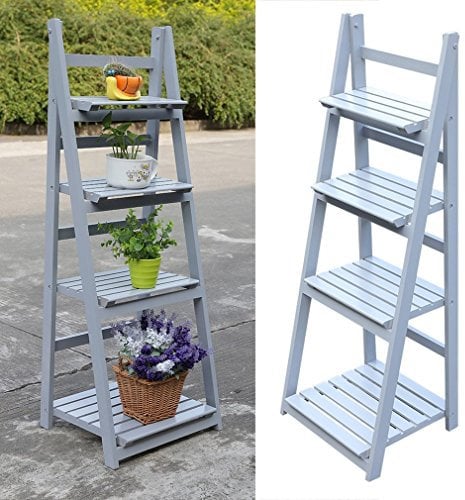 Kunyoxiu - Scala per fiori a 4 livelli, in legno, pieghevole, per piante, 115,5 x 41,5 cm, colore: grigio