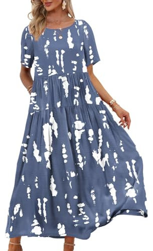 YESNO Women Dresses Casual Plus Size Bohemian Short Sleeve Floral Long Maxi Summer Beach Swing Dress/Pockets M EJFUK CR147