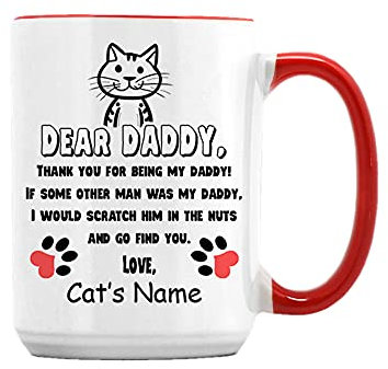 Personalised Thank You for Being My Daddy, Fathers Day Gift for Cat Owner, Cat Dad, Papa, Grandpa, Birthday Gift Form Cat, Novelty Cup, Unique 15oz Ceramic Mug. (Red Inside)