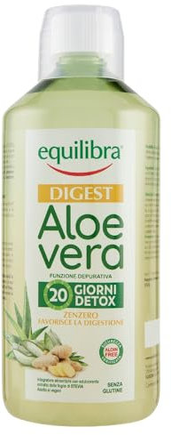 Equilibra Integratori Alimentari, Digest Aloe Vera, Integratore Aloe Vera da Bere Puro o Diluito, Aloin Free, Detox, Pura Polpa, Senza Aggiunta di Acqua, con Zenzero, Digestivo, Senza Glutine, 1 Litro