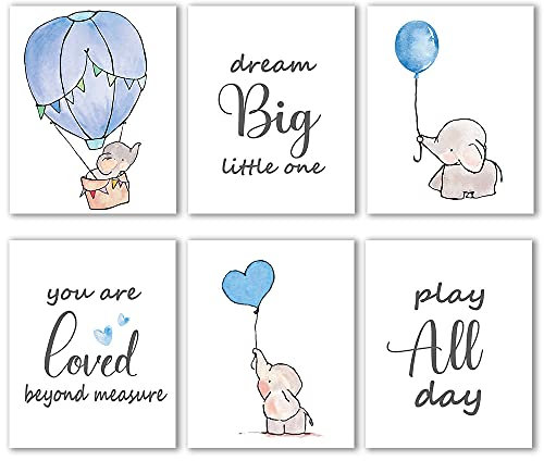 Inspirierende Elefanten-Dekoration, Wandkunstdrucke für Kinderzimmer, niedliche Elefanten-Wanddekoration, Dream Big Little One, Dekorationen für Kinderzimmer, 6er-Set (20.3x25.4 cm), ungerahmt