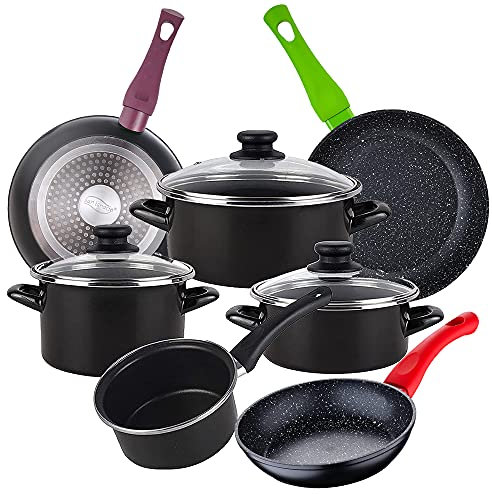 Magefesa Bateria de cocina 7 piezas MAGEFESA Kenia de acero vitrificado con juego de sartenes (18/22/26 cm) Jolie de aluminio forjado