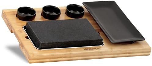 Mahlzeit Lavastein Set (7-teilig) | Set mit heißem Stein, Teller und Dipschalen auf praktischem Holzbrett | Grill Stein, Steak Stein, Steak Stone, Heißer Stein Steak