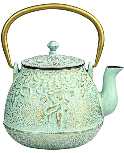 Sungmor Cast Iron Teapot, Japanese Tetsubin Tea Kettle with Infuser for Loose Tea - Stovetop Safe Cast Iron Teapot Coated with Enameled Interior - 32 Ounce, Light Green Teapot with Salix Leaf Pattern