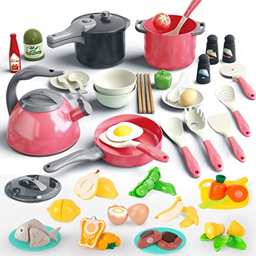 Bruvoalon - 67 Pieces Kitchen Toys Set for Kids Kitchen Accessories with Pots Kitchen Utensils Food Canned Vegetables Learning Gift for Boys Girls (Red)