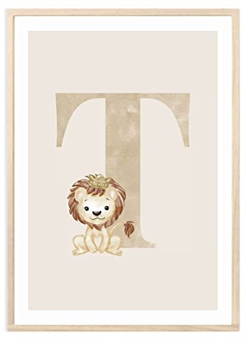 MeinBaby123® Buchstaben Poster DIN A4 Kinderzimmer Mädchen und Junge | Babyzimmer Deko | Bilder Kinderzimmer | Geschenkideen zur Geburt | Geburtsposter | Anfangsbuchstabe Poster T (Löwe - T)