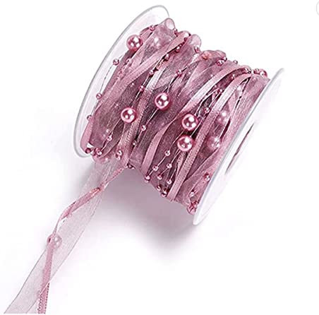LUMoony 10M Perlengirlande mit Organza Perlengirlande Perlenkette Perlenschnur Geschenkband Schleifenband mit Perlen Deko Hochzeit Dekoband für Hochzeit Weihnachten Taufe Geburtstagsgeschenke
