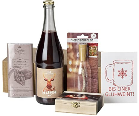 Glühwein-Geschenkset Gaumentanz im Lichterglanz | 1 Flasche roter Glühwein, Bratapfelgewürz-Set, Zartbitterschokolade, Lichterkette und Spruch-Karte