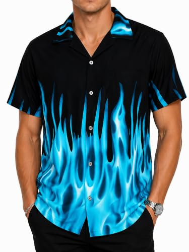 King Kameha Funky-Hawaii-Hemd, Herren, Kurzarm, Flames, Türkis, XL