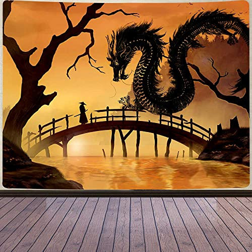 Aidatain Japanischer Drachen-Wandteppich, Anime-Samurai-Wandteppich, japanischer Stil, Wandbehang, Tinte, Landschaft, Hintergrund, Flanellstoff, 203.2x152.4 cm, Esszimmer, Studentenwohnheim GTZYAT035