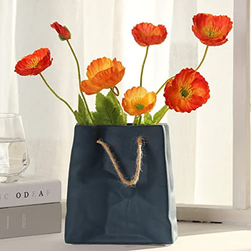 Vase en céramique bleu en forme de sac à main – Vase décoratif d'art moderne pour arrangement floral, centre de table, décoration d'intérieur