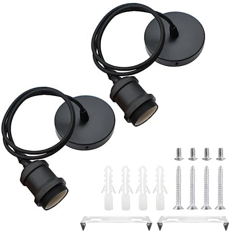 HOMEJOY 2 Stücke E27 Lampenaufhängung Metall Vintage Lampenfassung Retro Hängeleuchte Pendelleuchte mit Kabel Höhenverstellbar 100cm Textilkabel für Deckenbeleuchtung DIY Wand Deckenleuchte (Schwarz)