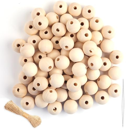 Holzkugeln mit Loch 18mm, 100 Stück Holzperlen zum Auffädeln, Runde Holzperlen Natur, Unbehandelte Perlen Holz mit Bastelseilen für basteln DIY Schmuck Armband Halskette (NATURAL, 18MM)