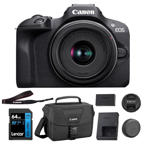 Canon EOS R100 Mirrorless Camera with RF-S18-45mm F4.5-6.3 IS STM Lens Kit, 24.1 Megapixel CMOS (APS-C) Sensor, 4K Video, RF Mount | Black Bundled with 64GB Memory Card & Camera Shoulder Bag (3 Items)