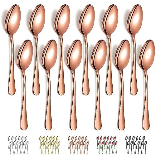 Evanda Rose Gold Dinner Spoons 12 Pieces, Rose Gold Titanium Plating Stainless Steel 18.5cm Spoons, Dessert Spoons, Table Spoon, Soup Spoons, Easy to Clean, Dishwasher Safe