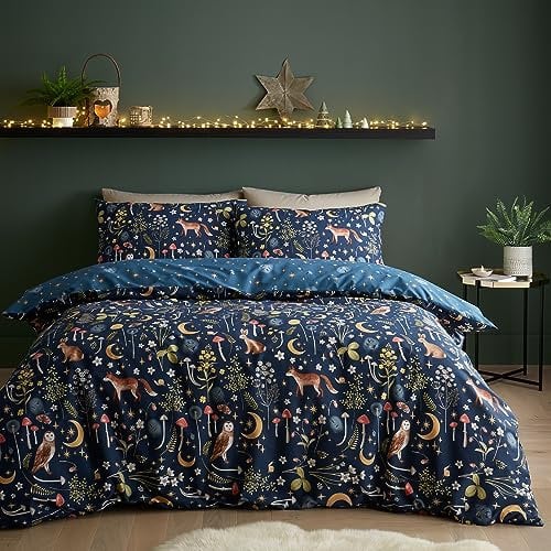 Catherine Lansfield Enchanted Twilight Animals - Set copripiumino reversibile con federe, per letto king size, colore: blu navy