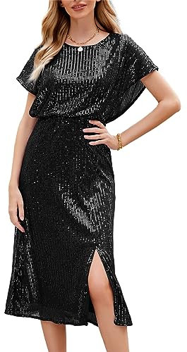 JASAMBAC Sequin Dress for Women Crew Neck Short Sleeve Sparkly Glitter Dresses Slit Elastic Waist Cocktail Party Club Dress S Black