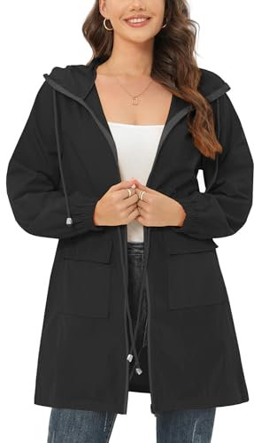 Veste de pluie pour femme - Imperméable - Légère - Pliable - Coupe-vent - Avec capuche - Veste de pluie avec poches, noir 1, XL