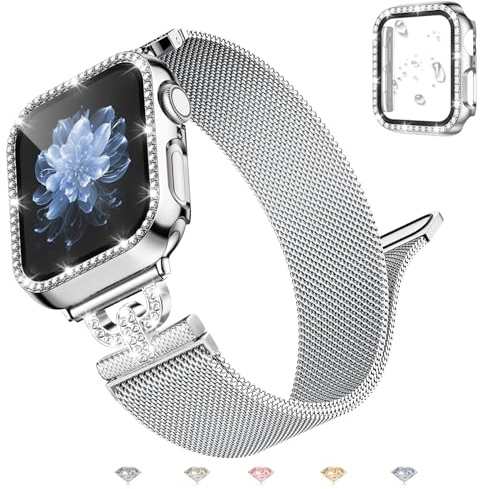UpNeioco Metall Armband Kompatibel Mit Apple Watch 38mm-45mm, Diamant Glitzer Displayschutz Hülle, Magnetisch Edelstahl Armband Damen für iWatch 9 8 7 6 5 4 3 2 1