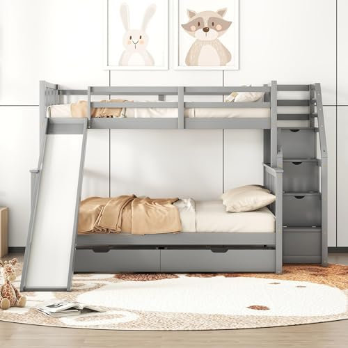 kubeier Kinderbett Hausbett 90 x 200cm über 140 x 200cm, Niedriges Etagenbett mit Stauraum und Rutsche, Massivholz-Etagenbettrahmen mit Lattenrost und Schubladen, Grau