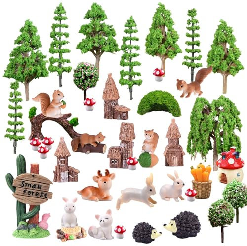 42 Stück Modellbau Bäume Miniatur Fee Garten Zubehör Miniatur Deko Tiere Figuren Waldtiere Figuren h0 Bäume mit Tierfiguren Kunststoffbäume für Projekte für DIY Miniaturlandschaften Sandtisch