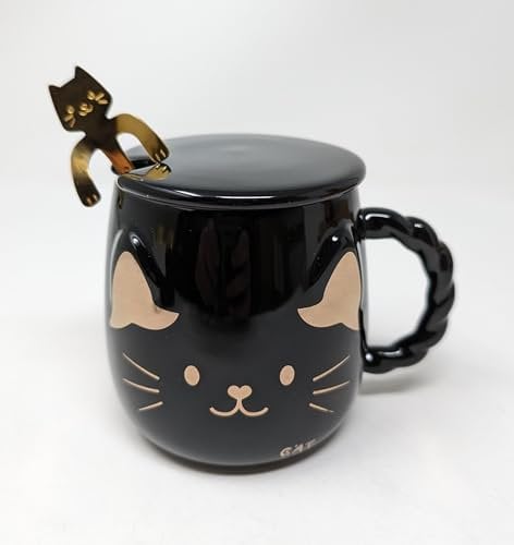 JRose Collections Black Cat Mug with Lid and Spoon – Cute Ceramic Coffee Mug with Tail Handle & Golden Cat Stirrer – Gift for Animal Lovers, Women, Girls, Tea or Hot Chocolate – 400ml Capacity