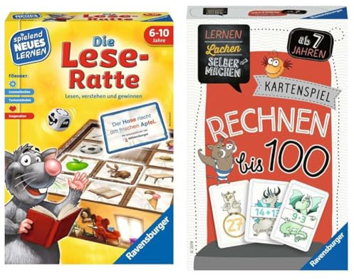 Ravensburger 24956 - Die Lese-Ratte - Spielen und Lernen für Kinder & 80660 - Lernen Lachen Selbermachen: Rechnen bis 100, Kinderspiel ab 7 Jahren, Lernspiel für 1-5 Spieler, Kartenspiel