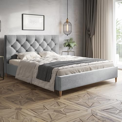 MOTIVENA Lusi Chesterfield Polsterbett 180x200 Mit Füßen, Ohne Bettkasten, Samt, Mit Lattenrost Und Kopfteil, Ohne Matratze, Hellgrau