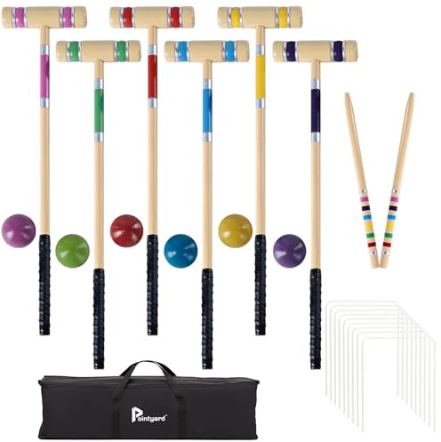Pointyard Krocket-Set für 6 Spieler, universelles Krocket-Set mit Holzschlägeln/farbigem Ball/Wickets/Heringen für Rasen/Hinterhofspiel/Park