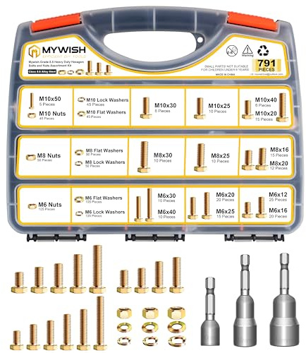 Mywish 791-teiliges metrisches Schrauben-Sortiment, Klasse 8.8, Sechskantschrauben, Muttern und Unterlegscheiben, M6, M8, M10, robust, gelb verzinkt