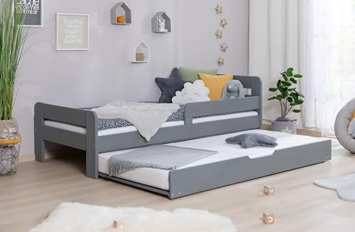 TiCAA Einzelbett Kinderbett Jugendbett, Bennet mit Zusatzbett Rausfallschutz für Schlafzimmer, Kinderzimmer Kiefer Massivholz Bettgestell 90/120 x 200 cm