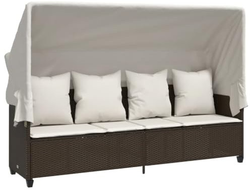 Makastle 4-Sitzer Sofa mit Dach und Kissen, Garten Schlafsofa Gartenliege Outdoor Sofa Couch Liege Sonnenliege Terrassenliege, Verstellbare Rückenlehne, Braun Poly Rattan