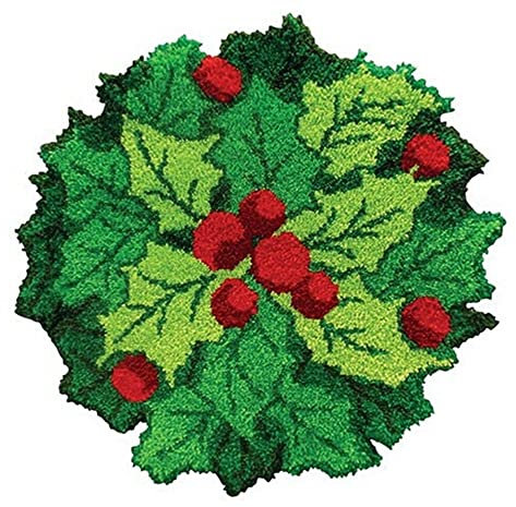 Knitting Christmas Tree Skirt & Cushion Latch Hook Kit DIY Unfinished Rug Mat with Leaves and Fruit Design for Xmas Party Home Decor