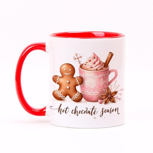 Hot Chocolate Season Mug – Festive Gingerbread and Hot Cocoa Design, Cosy Red Handle Ceramic Cup, Perfect Gift for Christmas and Winter, 11oz White Mug
