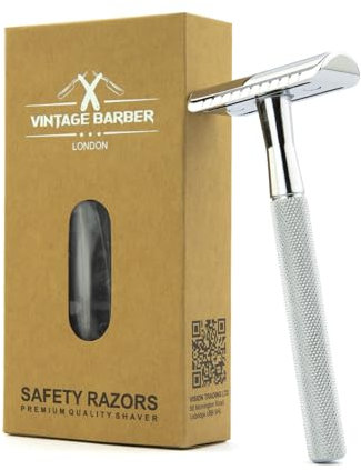 Rasierhobel für Rasur, Haut- und Kopffreundlich, innovative Klingenplatzierung, 0 Abfallrasierer für Damen und Herren, eleganter Metall-Stil, silbergrau und umweltfreundlich VINTAGE BARBER LONDON