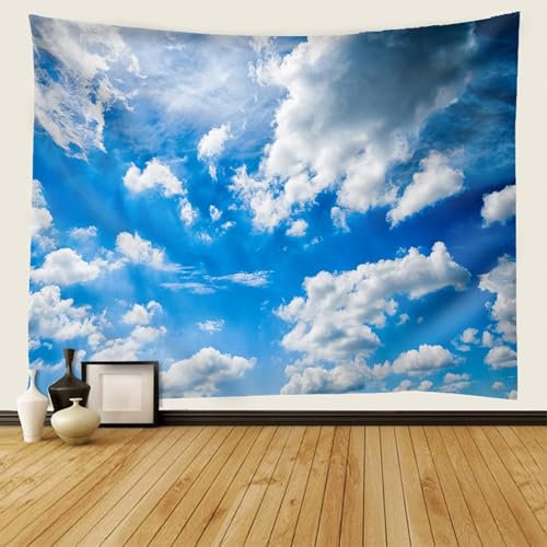 AMDXD Wandteppiche Natur Landschaft, Wandteppich Blauer Himmel Wolken Tapisserie Polyester Wand Deokration für Wohnheim Schlafazimmer, Blau Weiß, 350x256cm