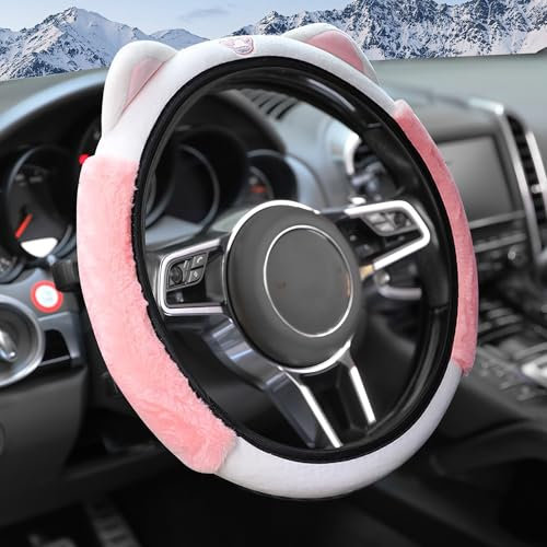 Flaconi Auto Lenkradbezug Plüsch,Housse de Volant en Peluche,Housse Volant Voiture,Couverture de Volant de Voiture,Couverture de Volant,Convient aux Voitures,Camions,SUV (Rose)