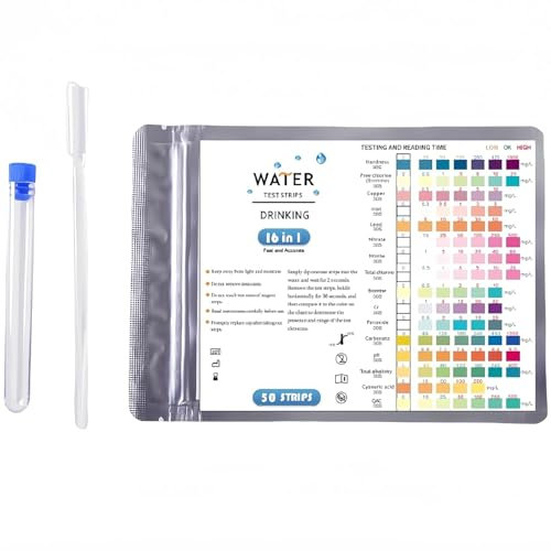 Foeska 50 Stück Wassertester Trinkwasser 16-in-1 für pH Wert Teststreifen，Trinkwasser Teststreifen, Wasserhärte messen,Pool Tester Wassertester,Wasser Teststreifen für Freies Metall.