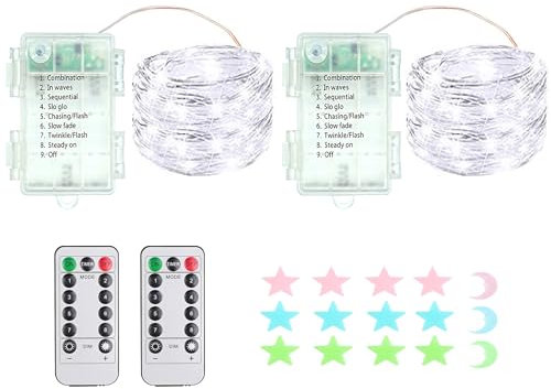 2 Stück LED Lichterkette, 200LED 20M / 67Ft 8 Modi, Batteriebetrieb lichterkette außen/innen Wasserdichte mit Fernbedienung für Schlafzimmer, Hof, Hochzeit, Weihnachten, DIY etc (weiß)