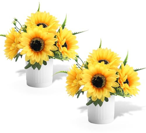 LEUCHTAMOR 2 Pack Artificial Sunflowers Potted Small Fake Plant Sunflowers in Pot for Wall Decoration Room Home Kitchen Garden Office Shelf