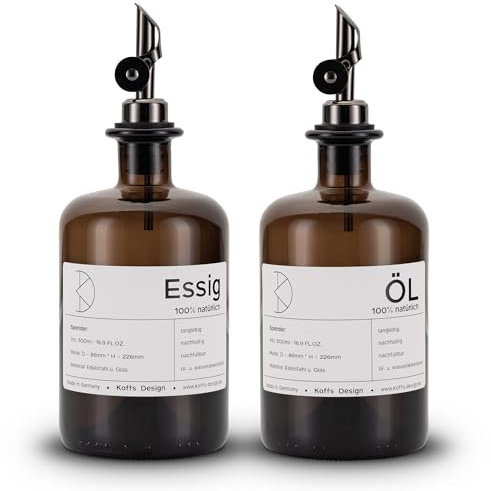 Koffs Design Ölflaschen zum Befüllen - Moderner Ölspender aus Braunglas mit Edelstahl Ausgießer – individuell bedruckbare Flaschen für jeden Inhalt - 500ml - Spender für Öl und Essig